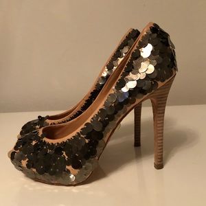 L.A.M.B sequin peep toe pumps